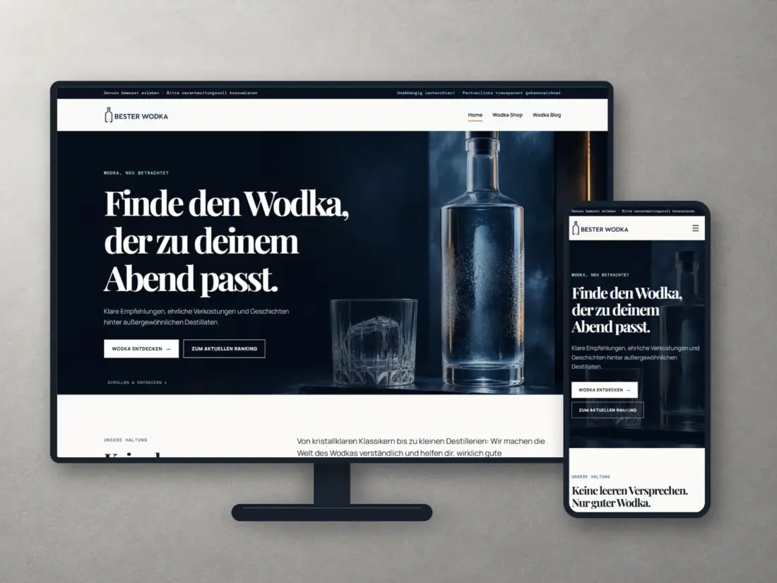 Website Bester Wodka auf Monitor und Smartphone