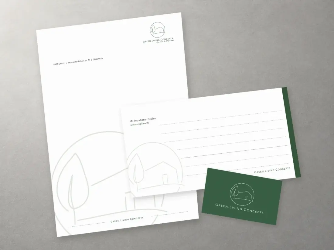 Geschäftsausstattung für Green.Living.Concepts: Briefbogen, Compliment Card und Visitenkarte