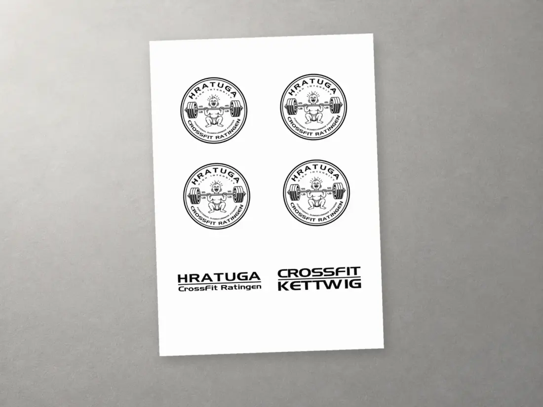 Logosystem für HRATUGA CrossFit Ratingen: rundes Emblem in vier Größen und zwei Wortmarken auf einem Bogen