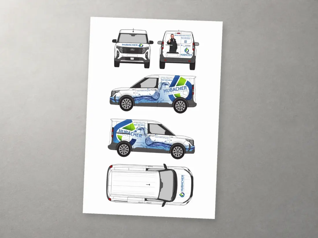 Fahrzeugfolierung für Hubacher Gebäudetechnik: Front-, Heck-, Seiten- und Draufsicht eines Ford Transit